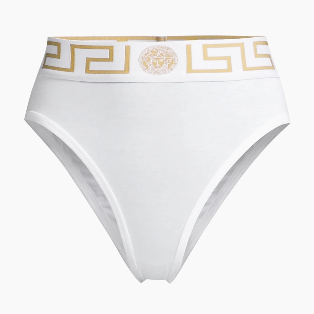 Versace White Cotton High-Leg Brief with Gold Greca Waistband - Picture 2 of 8